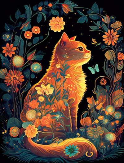 Golden-Colored Cat in Flowers