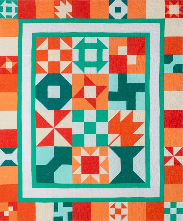 Antiquated Etiquette - Orange and Teal Colorway - Grandma's Attic Quilting