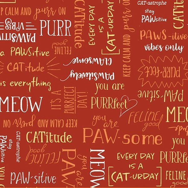 Purrfect Day Purrfect Words on Black Cotton Fabric by The Yard by Windham Fabrics