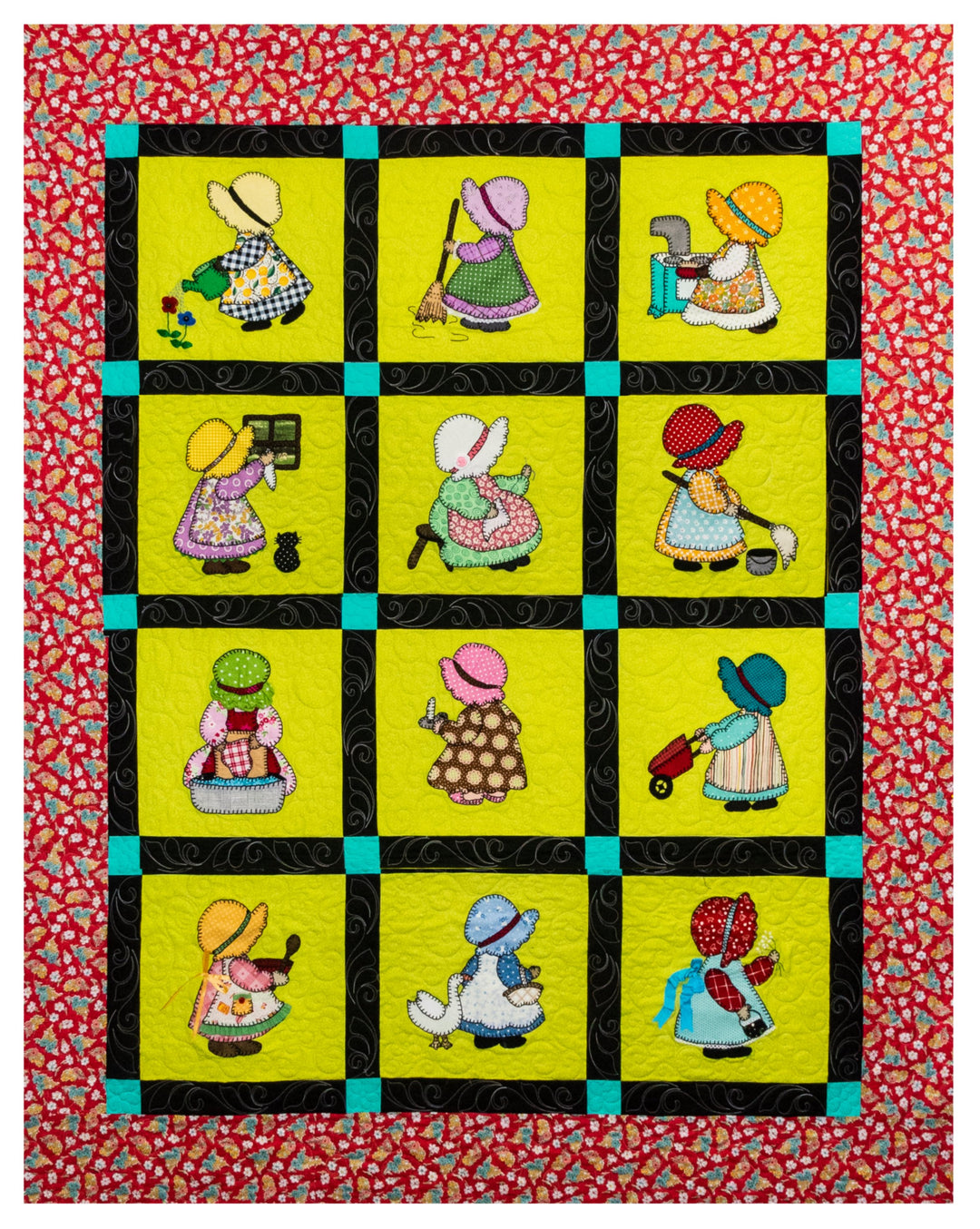 Beautifully embellished Sunbonnet Sue 2024 small lap quilt