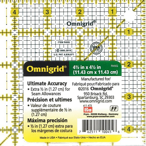 Omnigrip - 4.5" Inch Square Ruler - Grandma's Attic Quilting